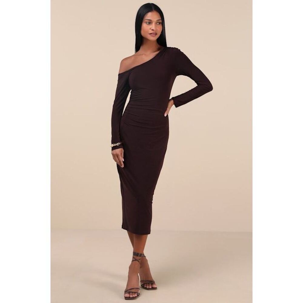 Lulus Vanel Brown Slinky Knit Asymmetrical Midi Dress - Size XL